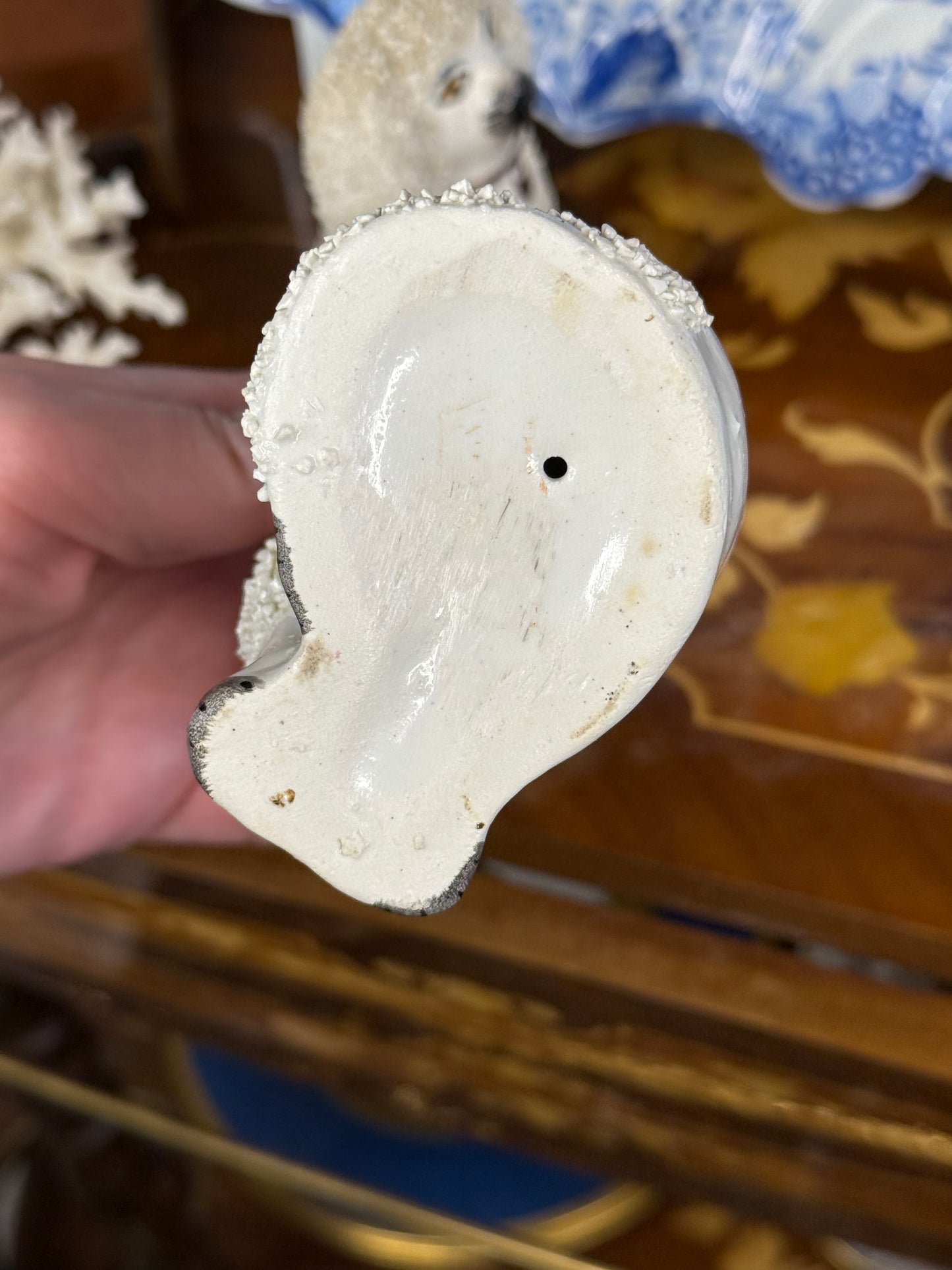 Pair of Sanded English Pottery Poodles 1920s, 4.5” Tall - Pristine!