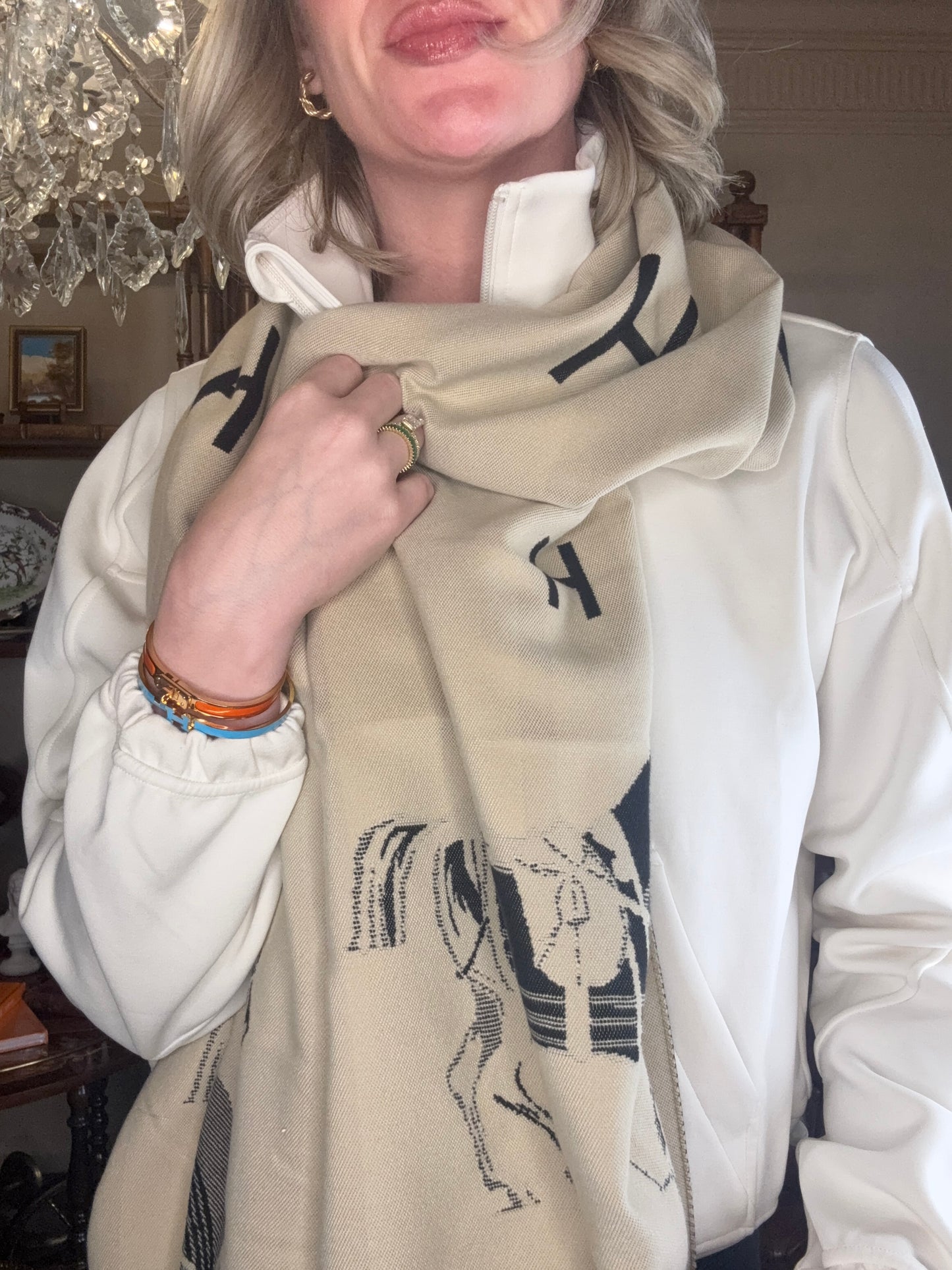 Equestrian Black & Cream Reversible “H” Stable Scarf/ Wrap: One Size