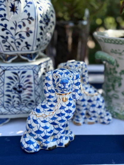 Danny’s Fine Porcelain Fishnet Blue & Rust Spaniel Dog Figure Pair W/ Gold Accent (2 colors to choose) 5.5”H X 9Lx2W