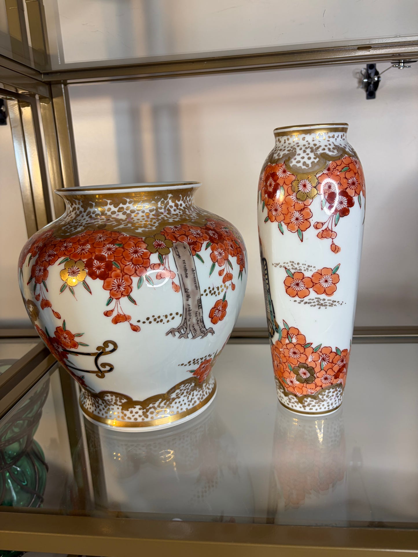 Gorgeous Japanese Kutani Ware handpainted vases with blossoms and gold!
