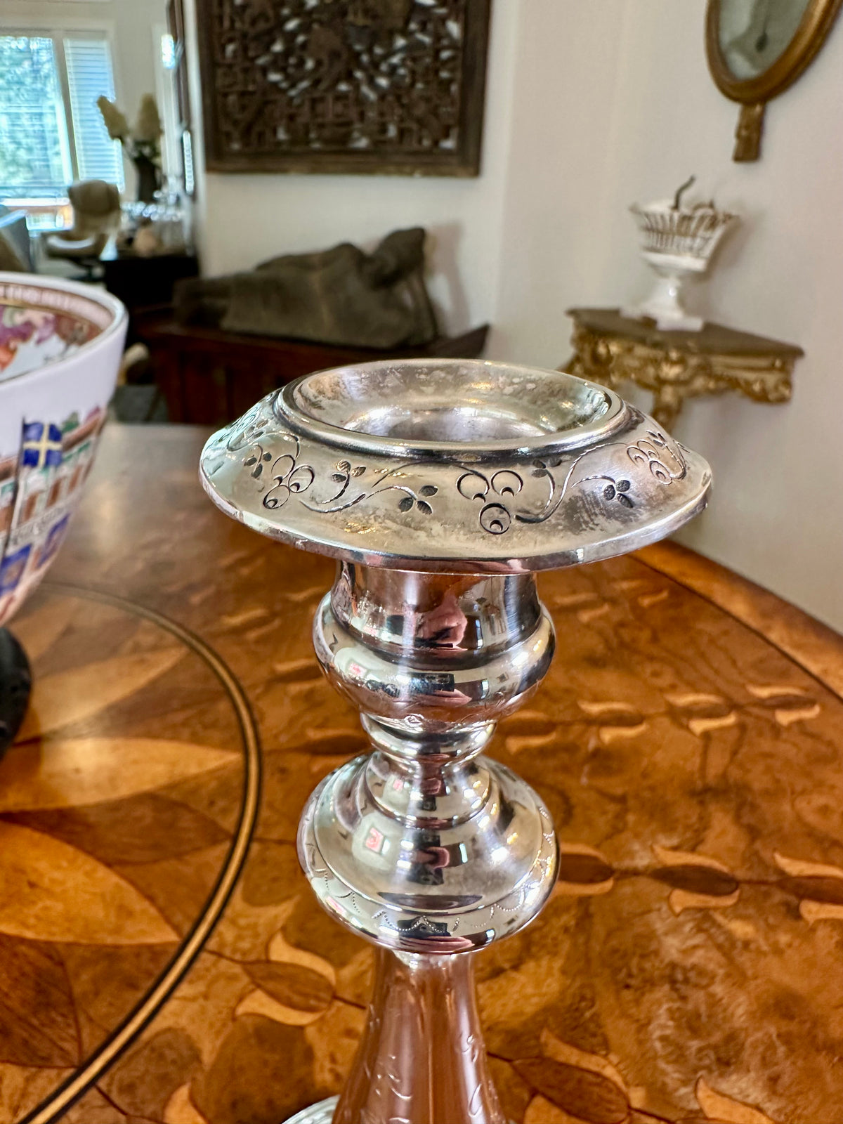 Antique French Christofle Silver-Plated Candlestick | Floral Engraving & Removable Bobeche