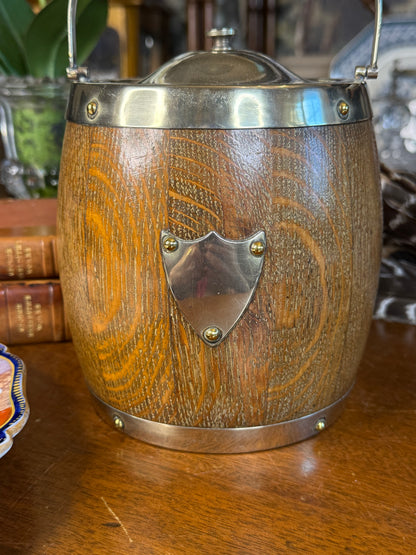 RARE - MOLLIE - Antique English Oak & EPNS Silver Plate Biscuit Barrel with Shield Cartouche, c.1900, 7” H
