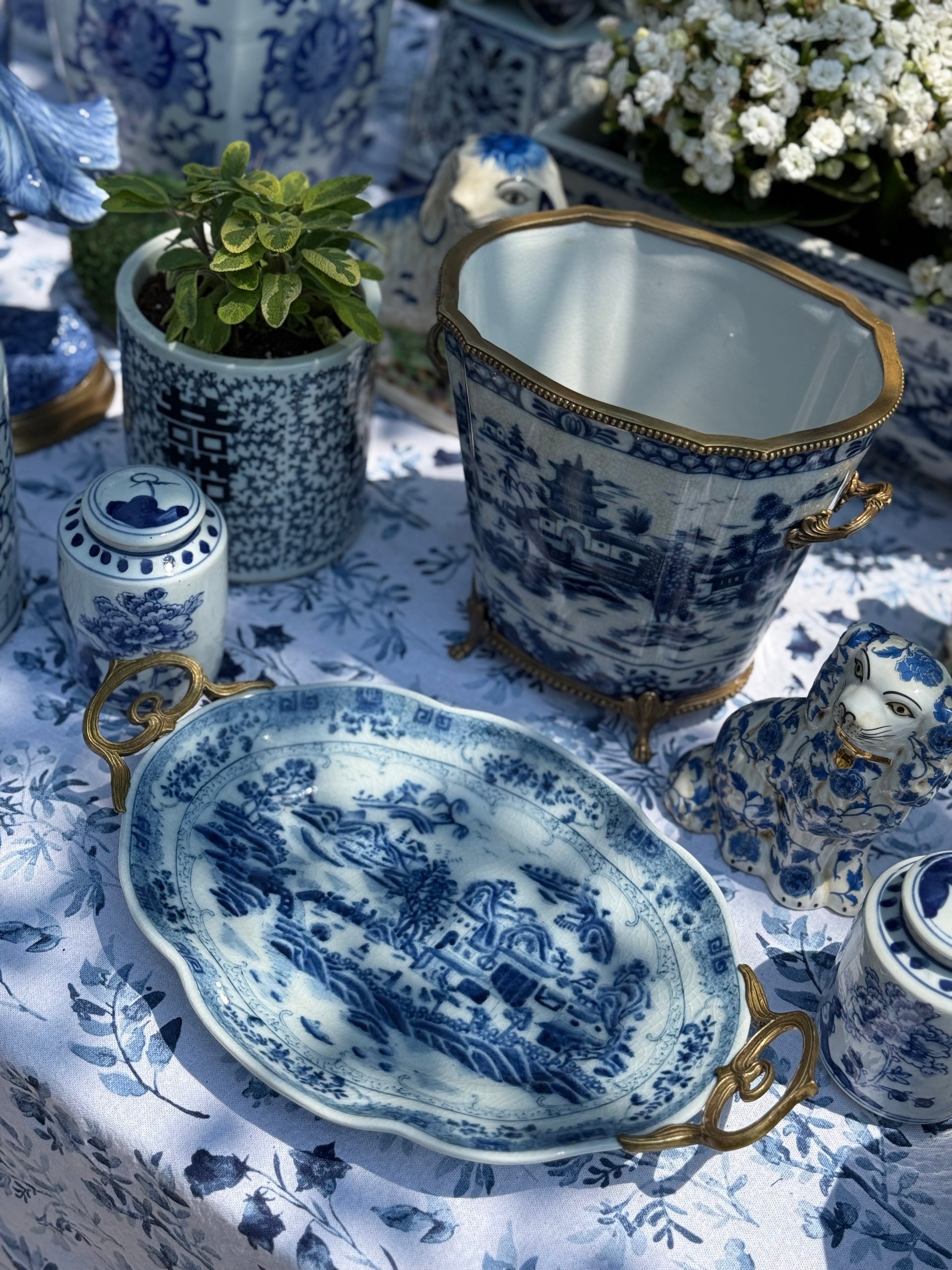 Danny's Fine Porcelain - Blue and White Pagoda, Bronze detailed platter - 13L X 8W X 1.5H