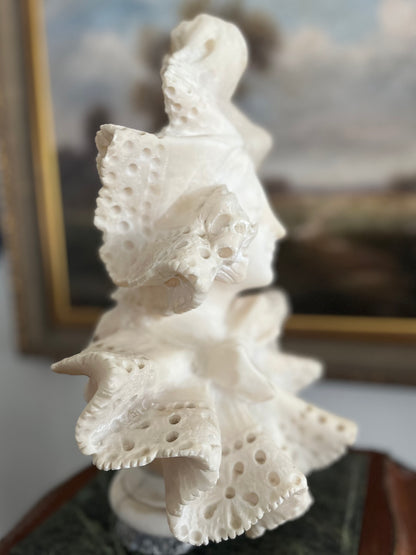 Whisper of Lace — Intricate Detailed Victorian Alabaster Lady Bust on Marble Plinth Circa 1880-1910 - 15”