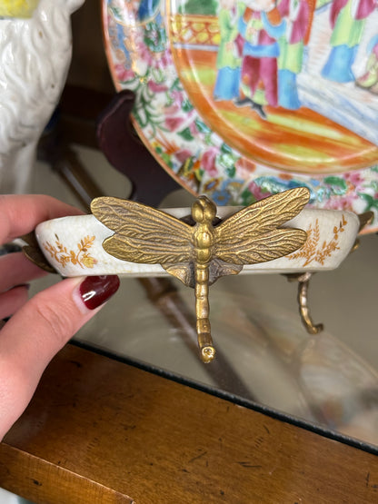 Danny’s Fine Porcelain - Dish with Dragonfly Handles – Hand-Painted Parrots & Gilded Accents