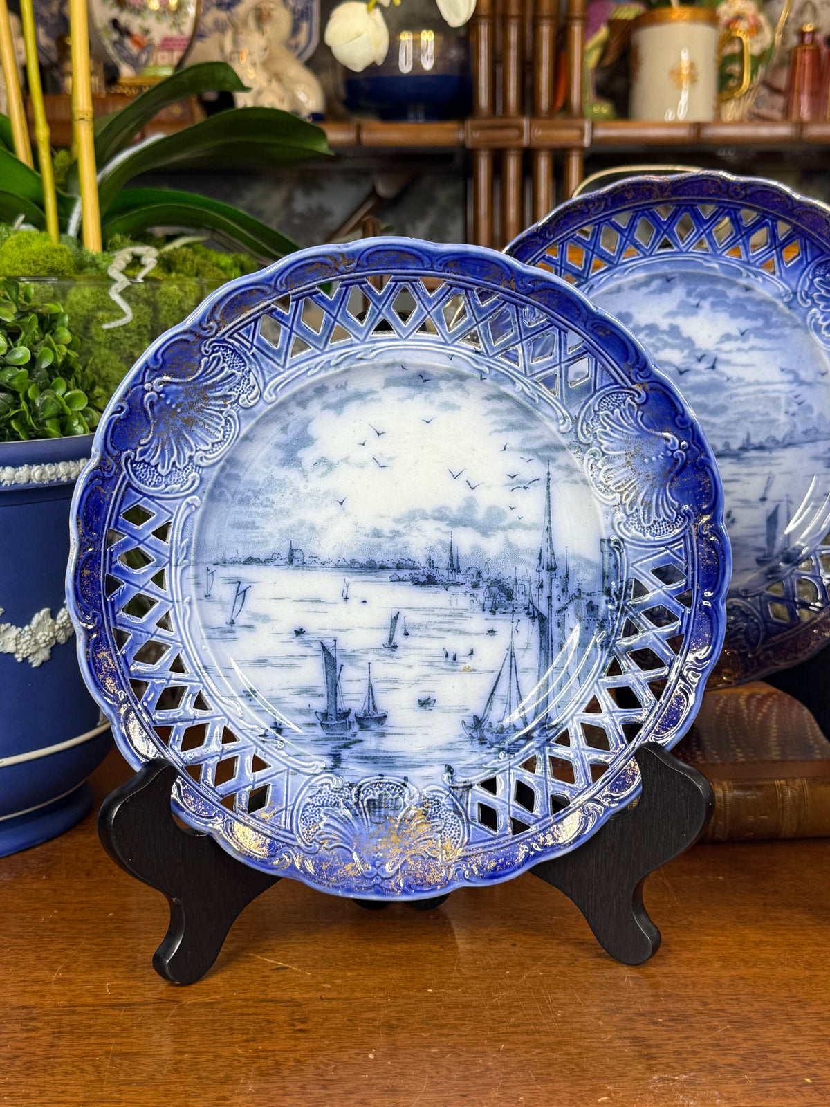 Antique Set of 3 Empire Porcelain Co. Pierced Blue & White City View Plates | Circa 1896–1912 | 9" Diameter #DA4516