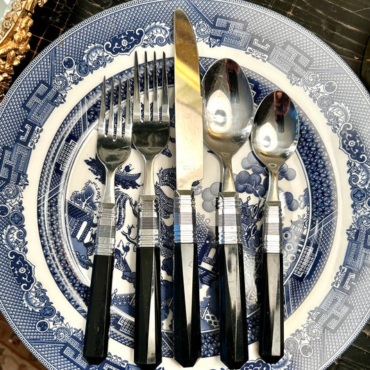 40 piece chic retro black and stainless flatware set totaling 8 five (5) piece place settings
