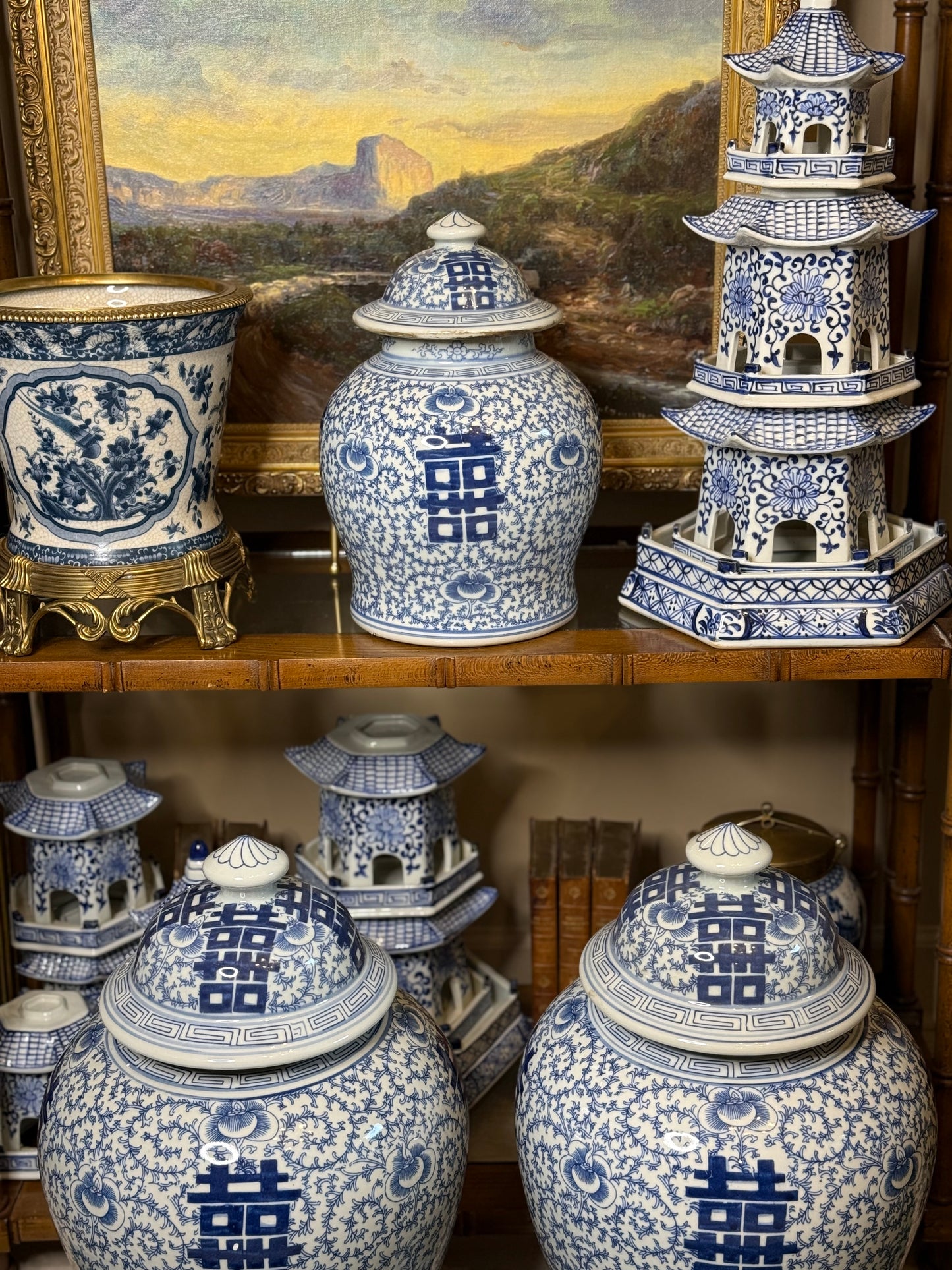 Danny’s Fine Porcelain: Classic Double Happiness Blue & White Lidded Ginger Jar, 19.75” Tall