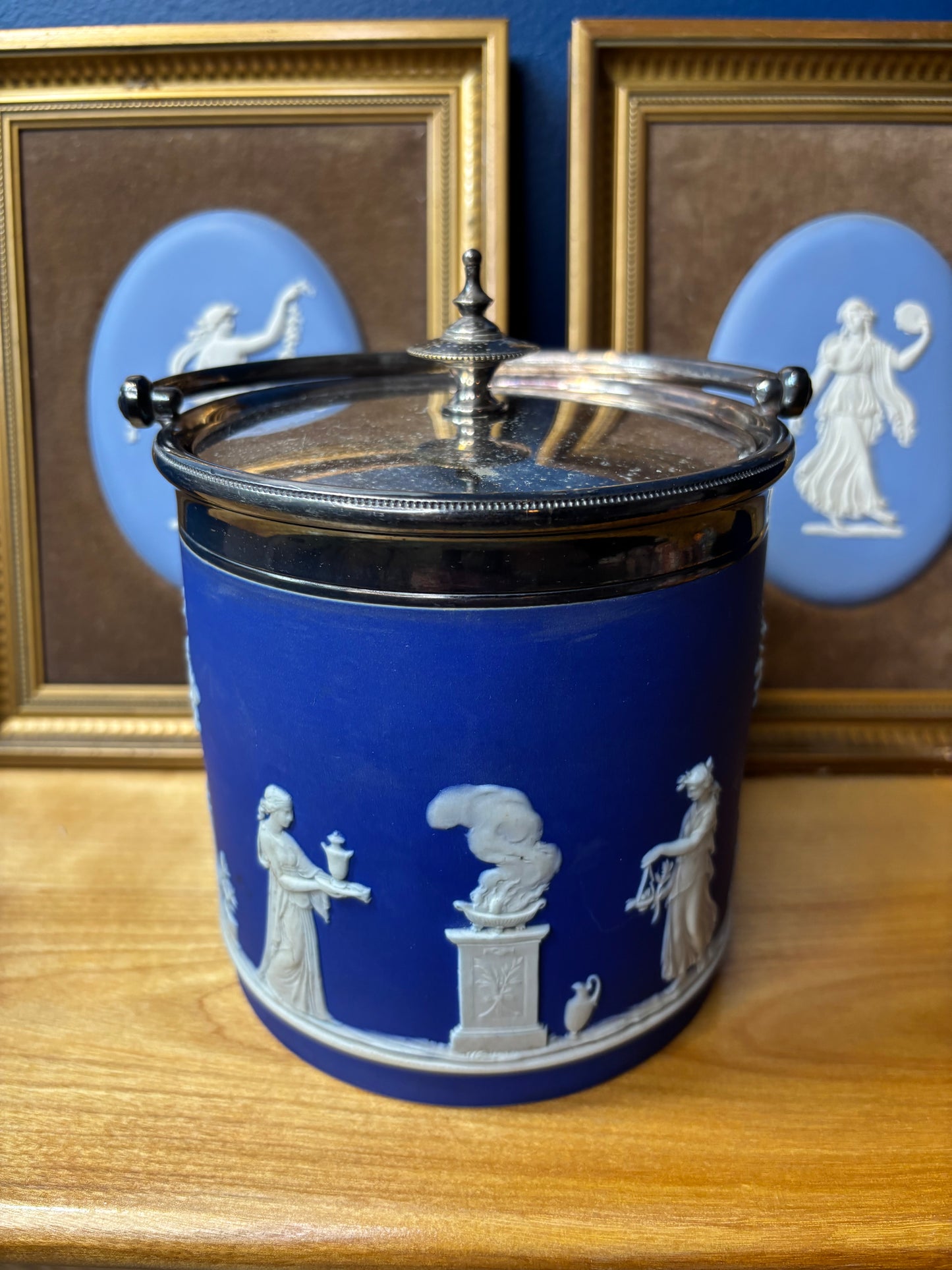 Wedgwood Jasperware cobalt biscuit barrel with silver plating!