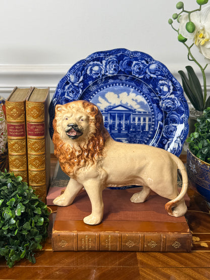 RESERVED - LION - Antique Staffordshire Lion Figure | English Pottery Mantel Ornament | 9” Wide