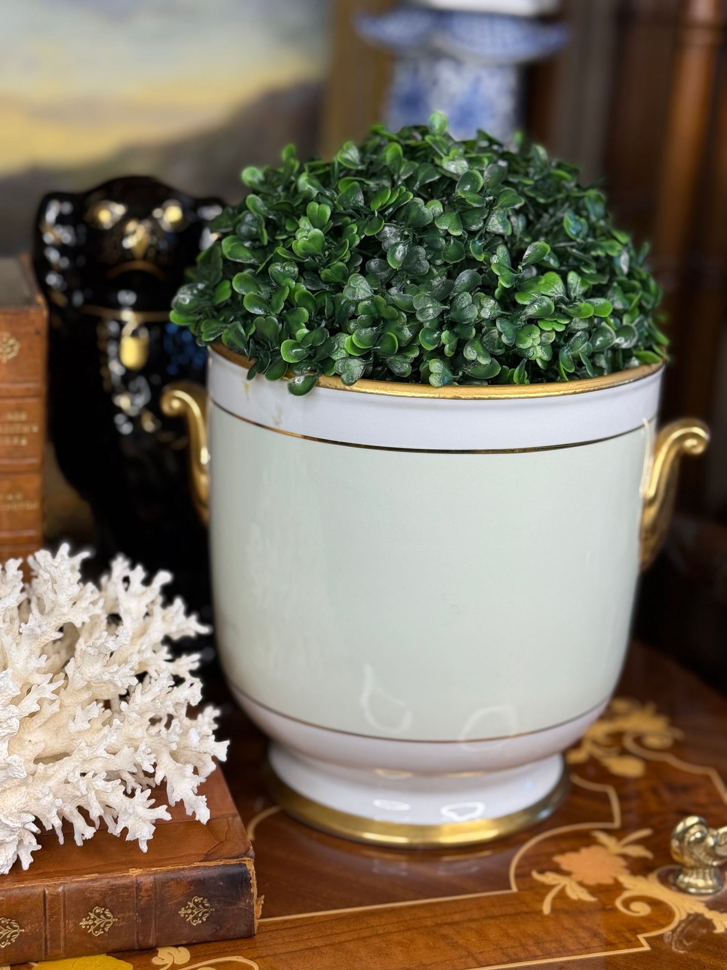 Pair of Green & Gold Porcelain Cachepots – 7” | Classic French-Style Planters