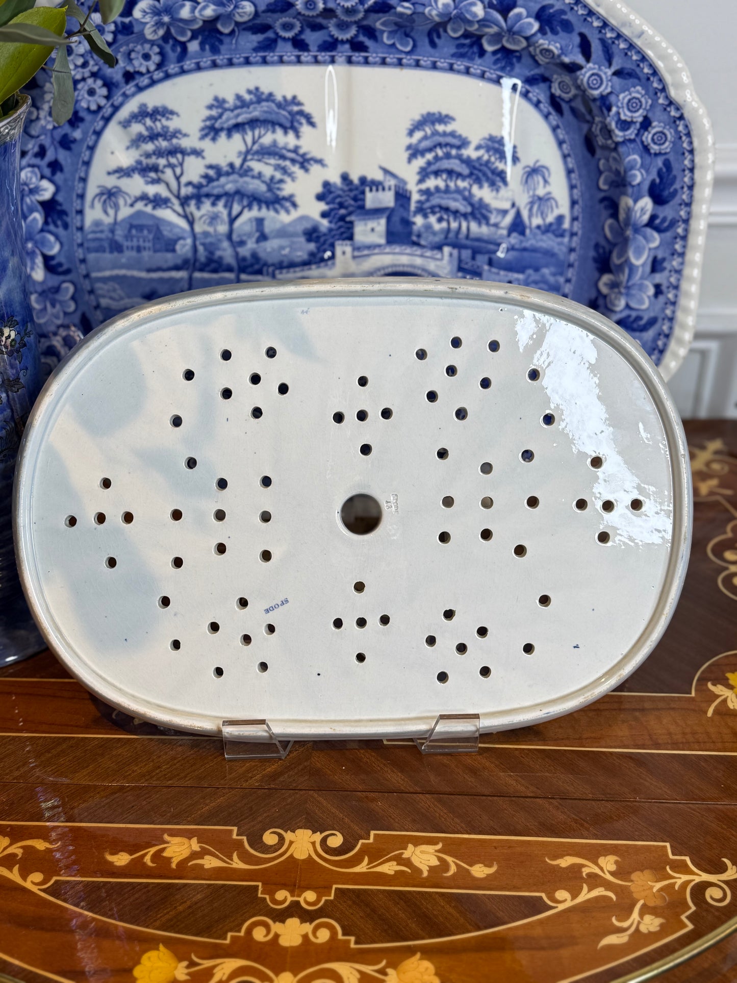 Antique Spode Blue & White Drainer, “Boudron Castle” Caramanian Series, c.1815–1833, 15” x 10” #DA4552