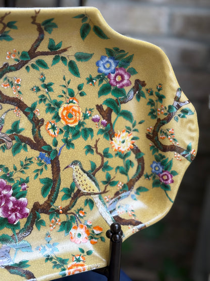 Danny’s Fine Porcelain - Yellow Hand-Painted Chinoiserie Porcelain Tray with Birds & Blossoms