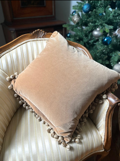 Pair of French Aubusson Hand Woven Mirror Image Rooster Pillows with Café-Latte Velvet Backs