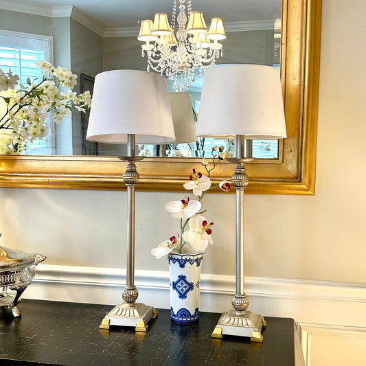Stunning statuesque pair of vintage tall buffet lamps, 31” Tall - Pristine!