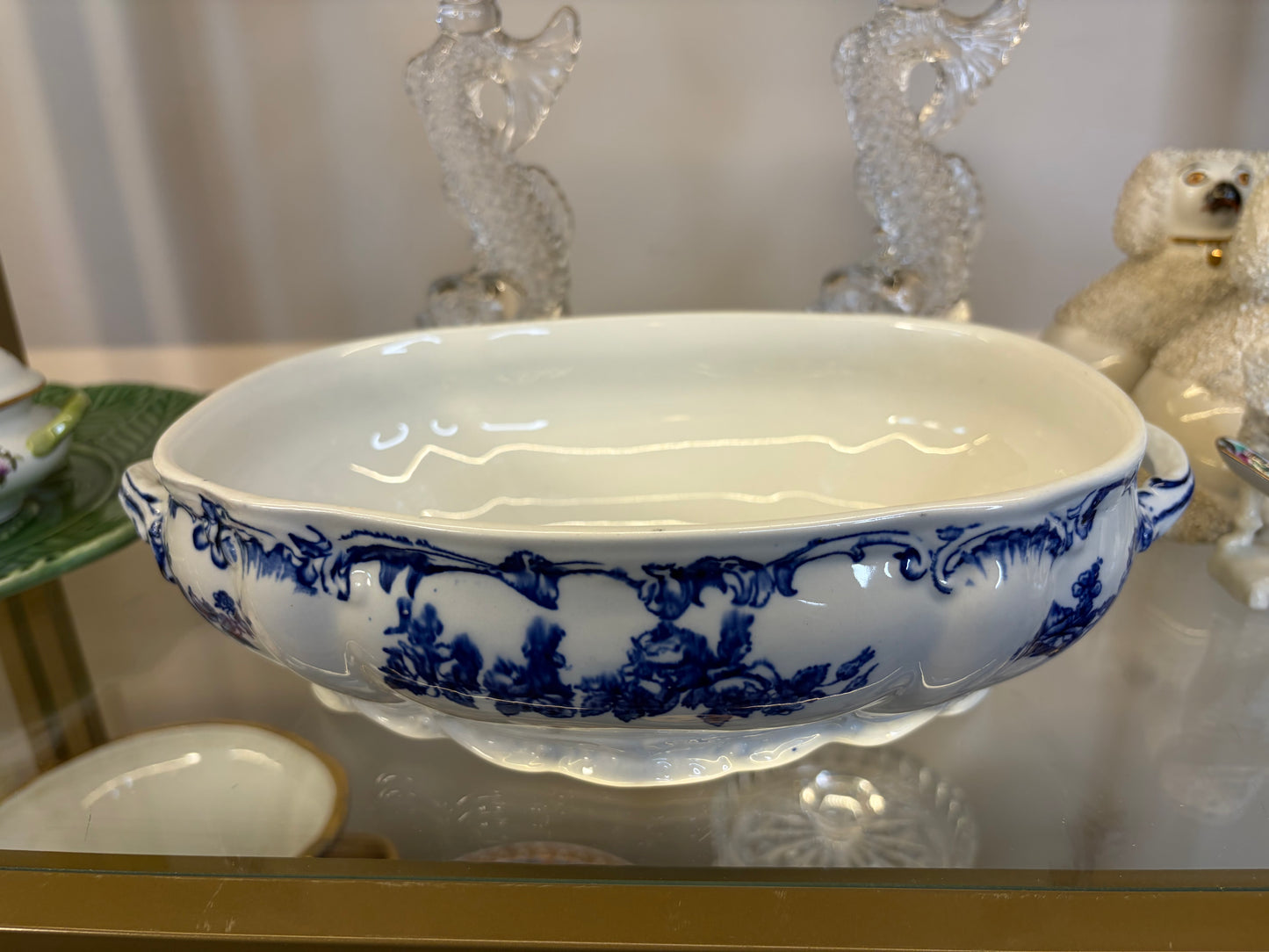 Stunning antique Ridgeways Royal Semi Porcelain lidded tureen in the Lorraine pattern, featuring intricate blue and white floral transferware and decorative side handles!