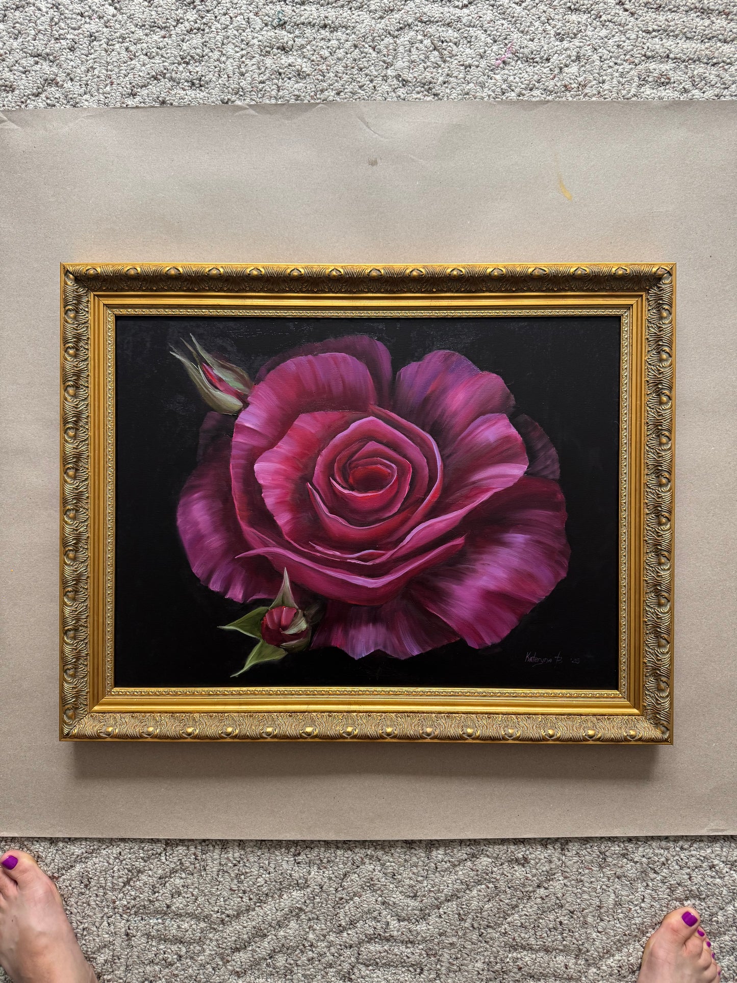 Fuchsia rose still life original oil painting 28x22”