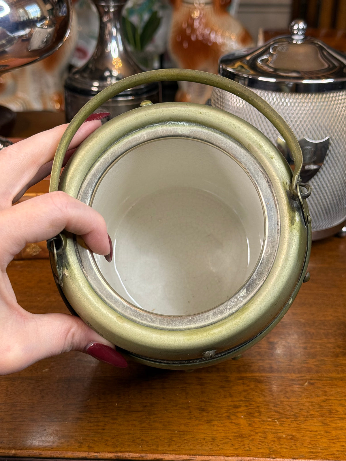 Antique English Oak Biscuit Barrel with EPNS Silver Plate & Ceramic Liner, c. 1890–1910 – 6.5”H