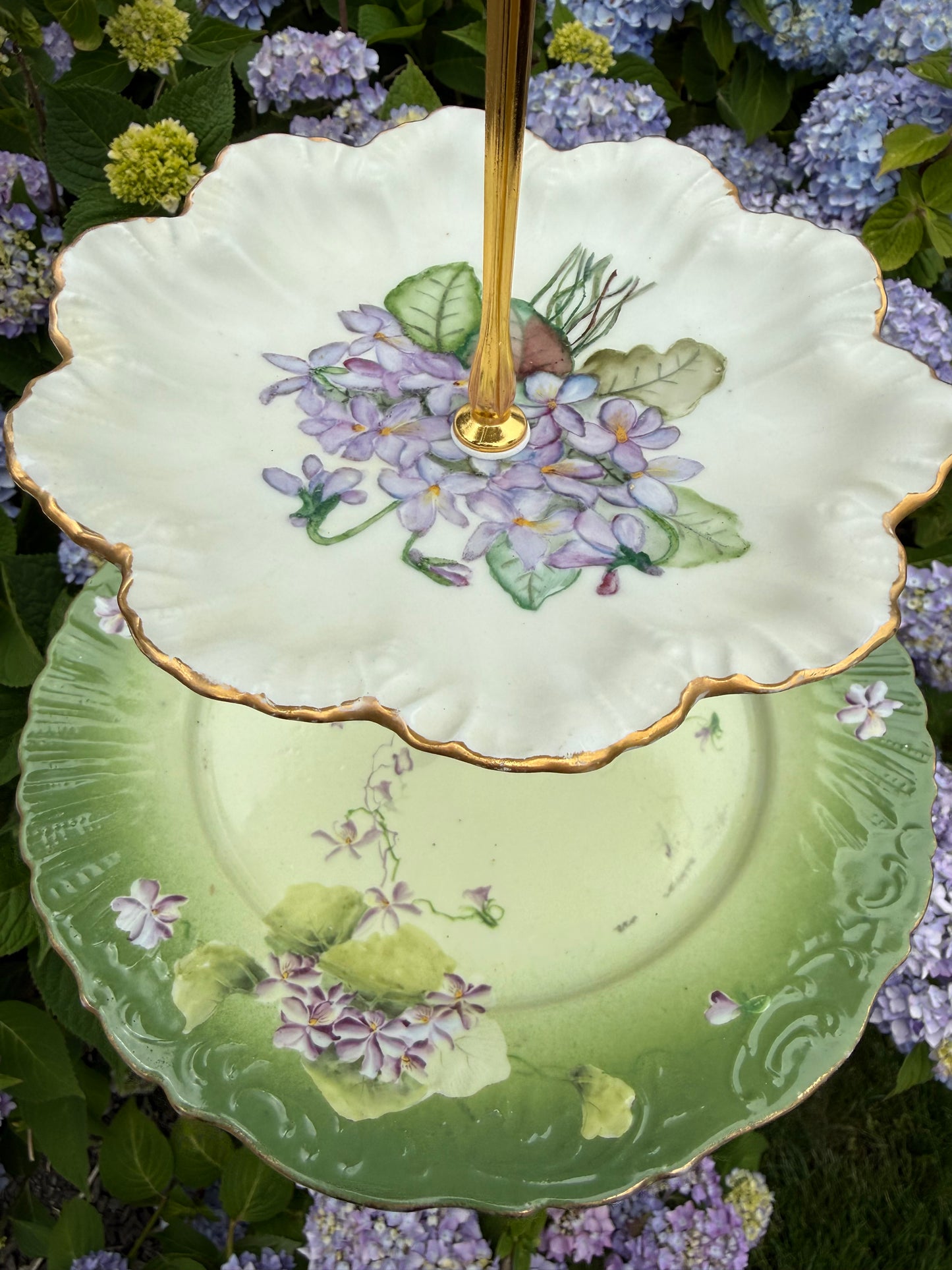 RESERVED - THERESA- Vintage Green Hydrangea 3 Tier Plate Stand