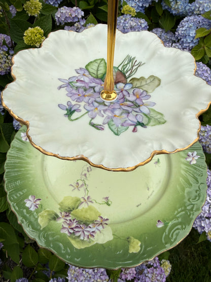 RESERVED - THERESA- Vintage Green Hydrangea 3 Tier Plate Stand