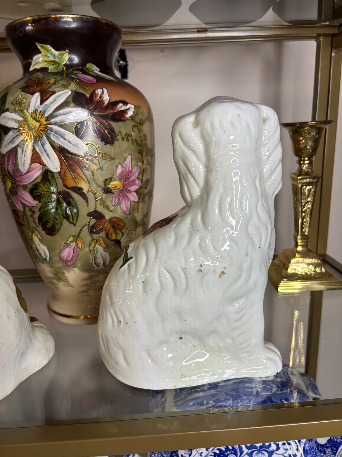 Stunning antique Staffordshire spaniel mantel dogs with lustre decoration pair!