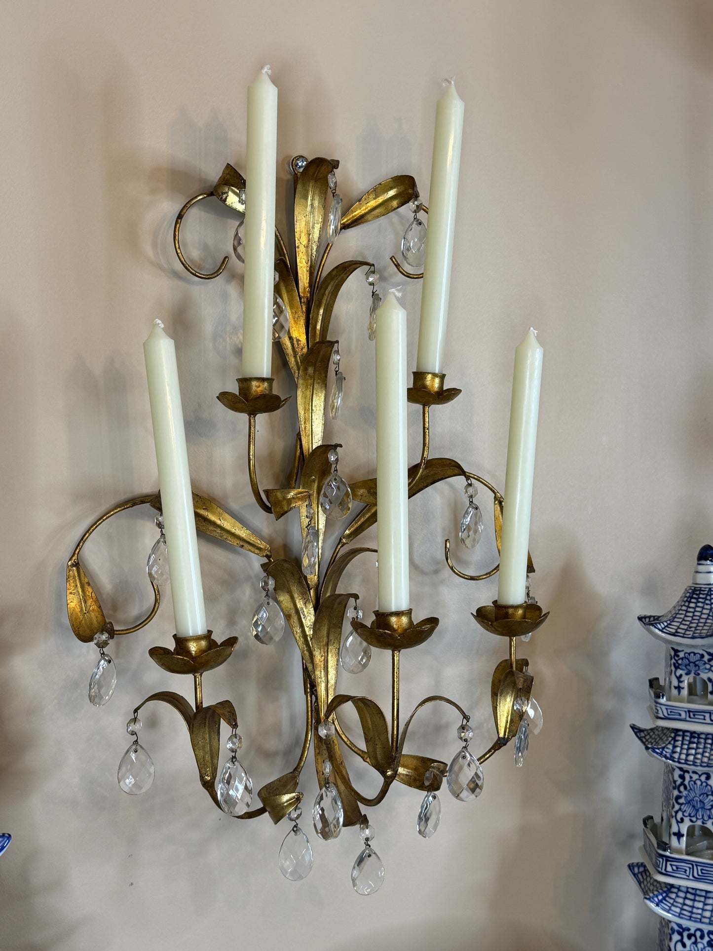 Vintage Italian Gilt Wheat Sheaf Wall Candelabra | Five-Light Crystal Sconce | 20.5” Tall