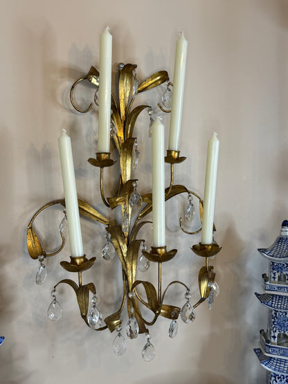Vintage Italian Gilt Wheat Sheaf Wall Candelabra | Five-Light Crystal Sconce | 20.5” Tall
