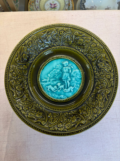 Gorgeous majolica compote featuring a girl and dogs!