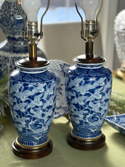 Reserved for Maria Pair of Frederick Cooper Blue & White Lamps featuring flying cranes