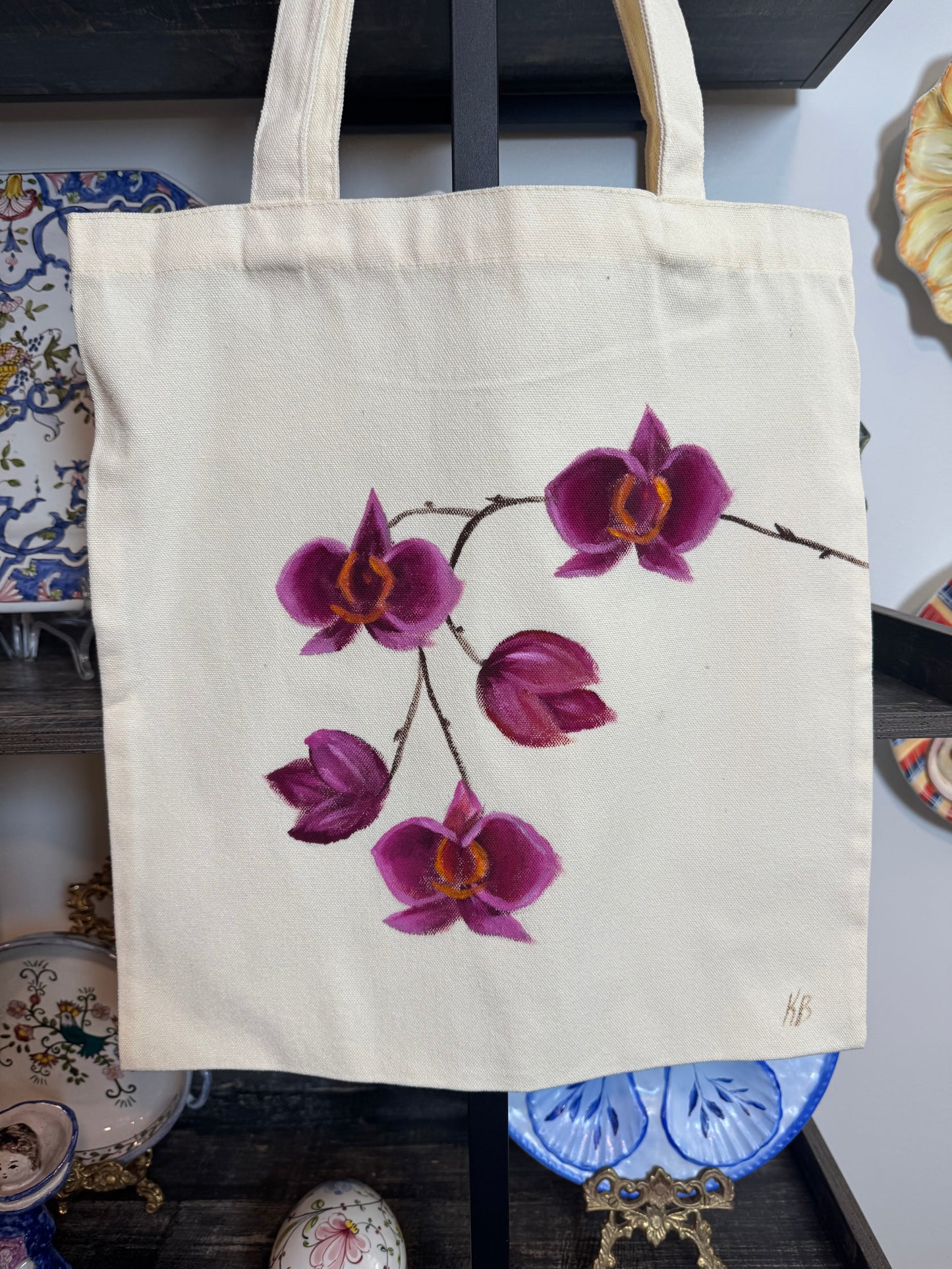 Magnolia hand painted tote bag 15x14”