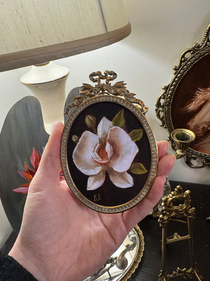 White orchid riginal oil painting in bronze antique frame