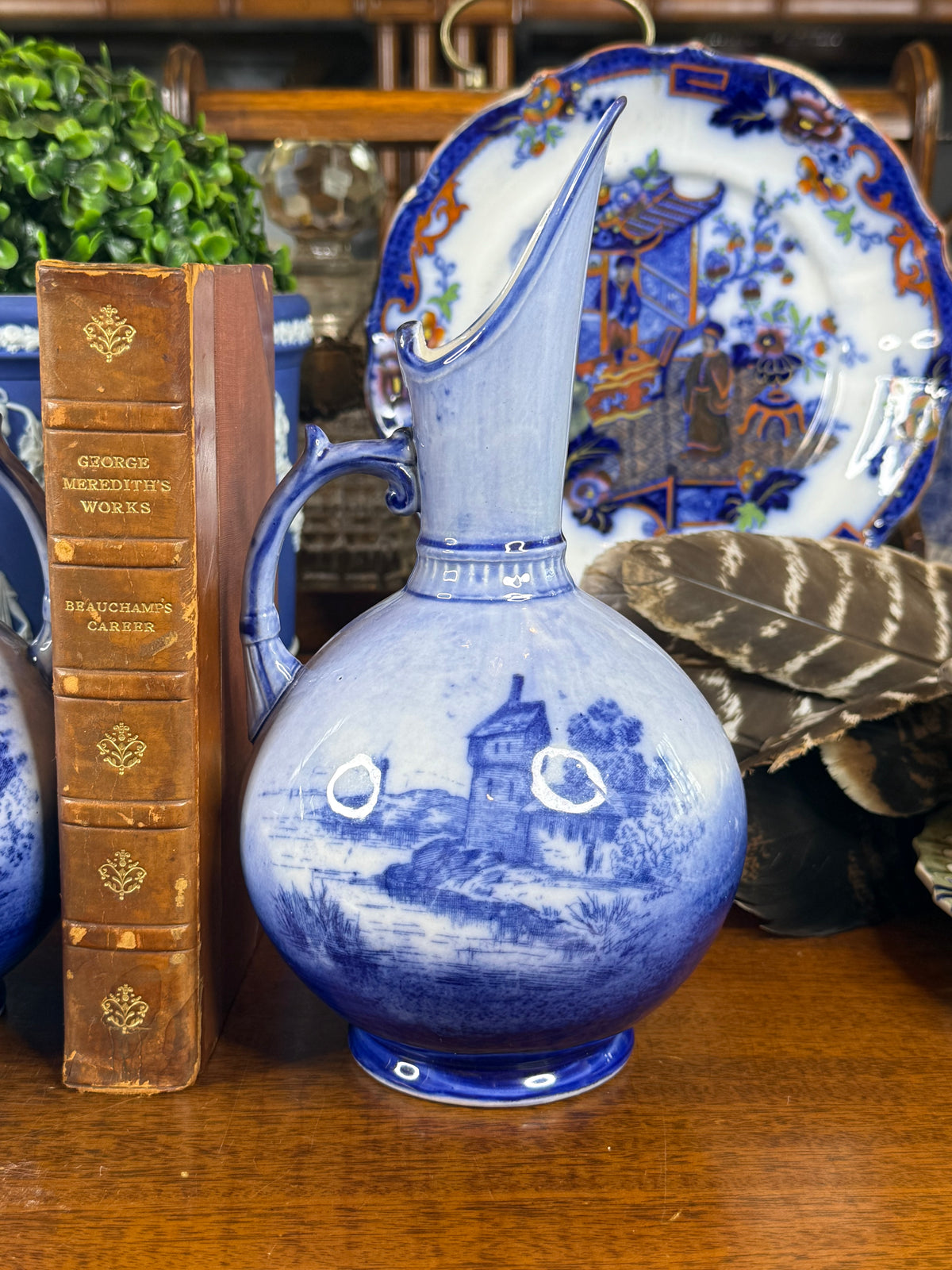Pair of Keeling & Co. Blue & White Ship Ewers | 1886–1891 | 9"H x 15" Circumference | Style DA4502