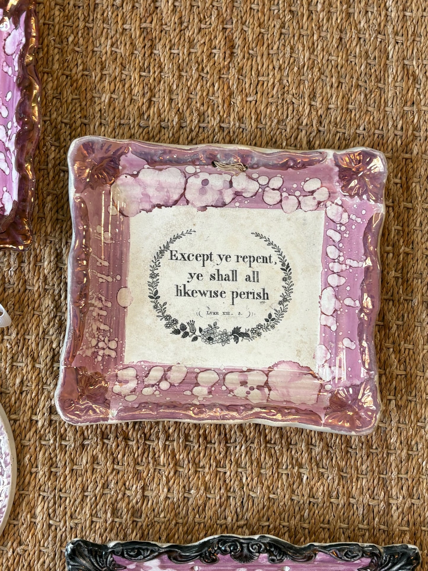WCCR Charitable Item #117 | Antique Sunderland Pink Lustre Ceramic Wall Plaque | “Except Ye Repent, Ye Shall All Likewise Perish” | 8” x 7”