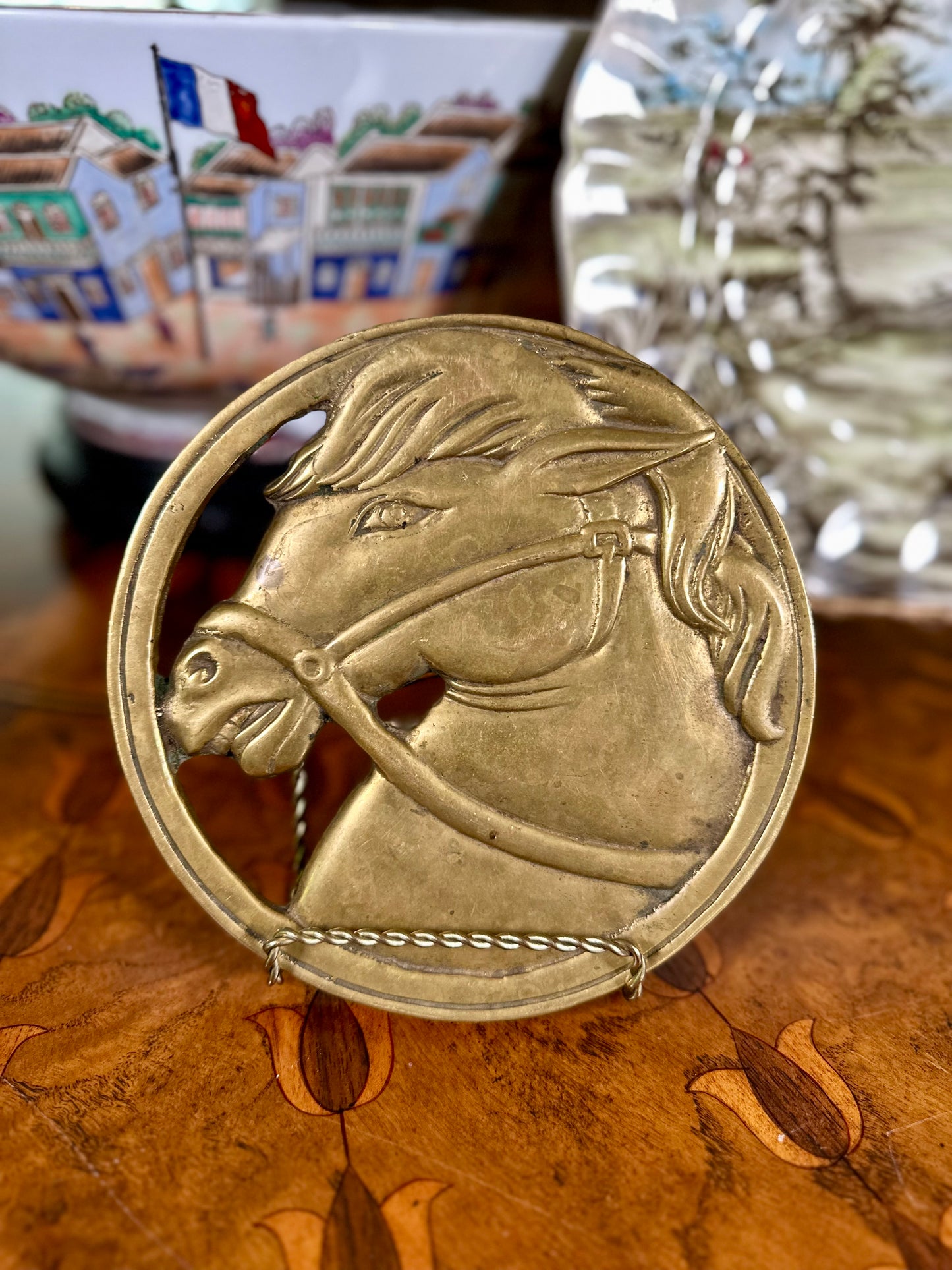 Vintage Cast Brass Equestrian Horse Head Trivet, 6.5”