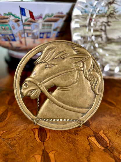 Vintage Cast Brass Equestrian Horse Head Trivet, 6.5”