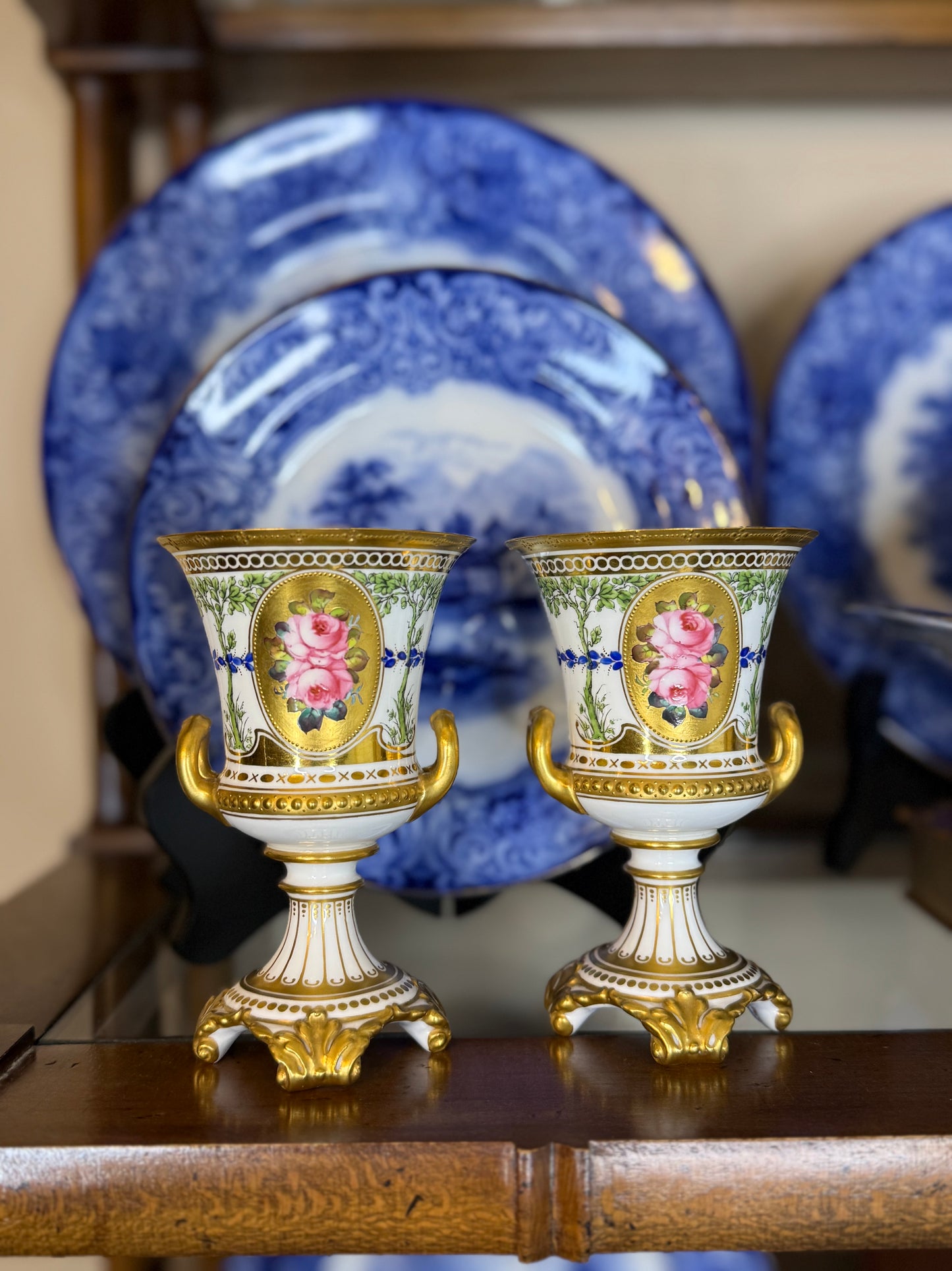 Antique Cir. 1900, Royal Crown Derby Vase Pair W/ Painted Roses, 5” tall, 3”D #DA4445