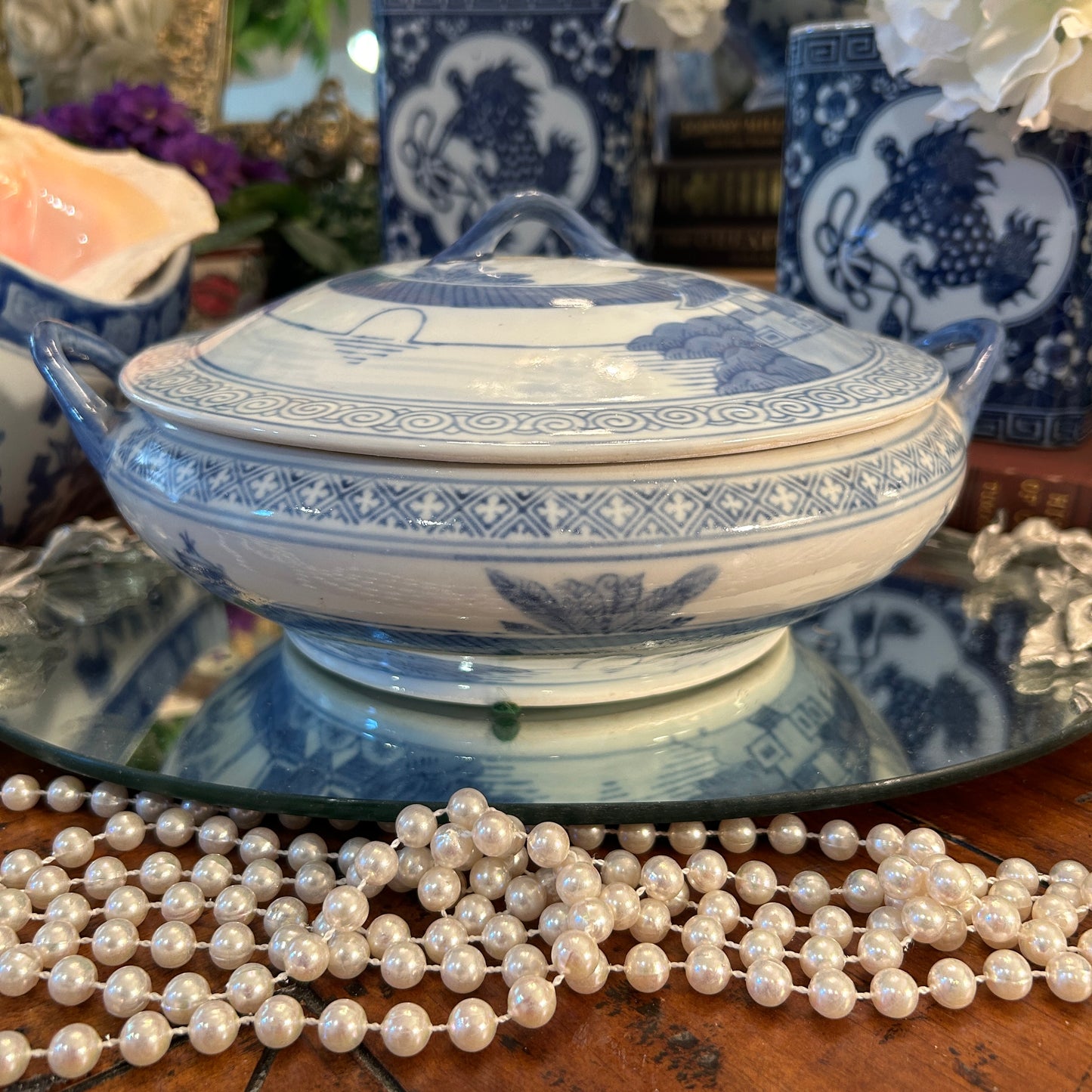 Vintage blue and white chinoiserie lidded dish