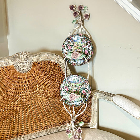 Whimsical ivory floral botanical metal double plate wall holder