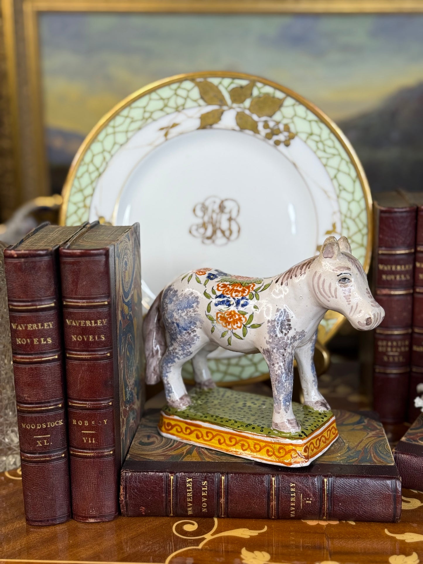 Antique French Faïence Donkey – Hand-Painted Desvres Pottery, Floral Saddle, c. 1880