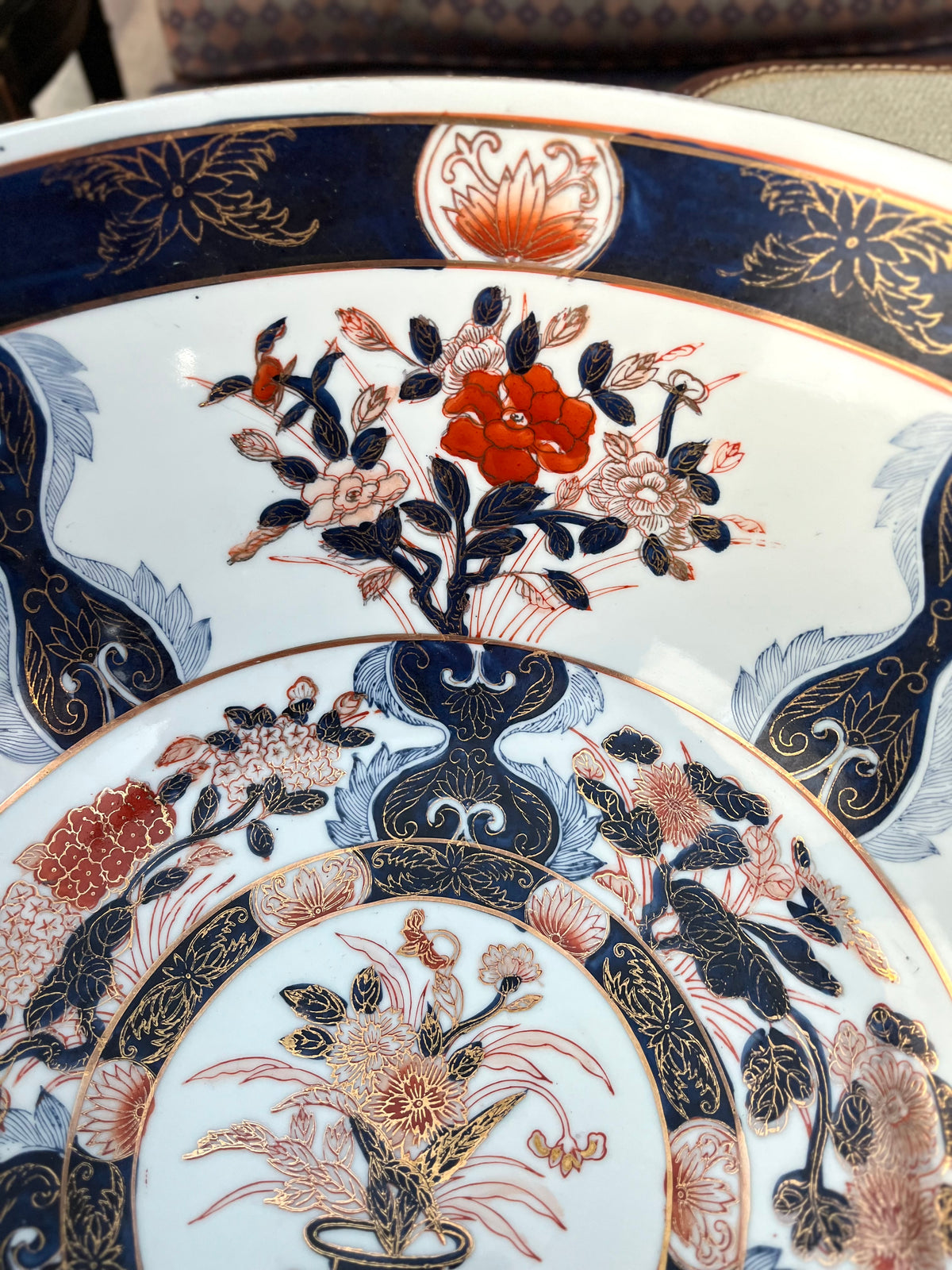 Large Imari Hand Painted Punch Bowl With Ornate Wood Stand