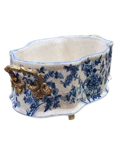 Danny's Fine Porcelain | Blue & White Porcelain "Prim rose" Basin, Bronze Detailing, 221L X 11W X 6.5H #14167