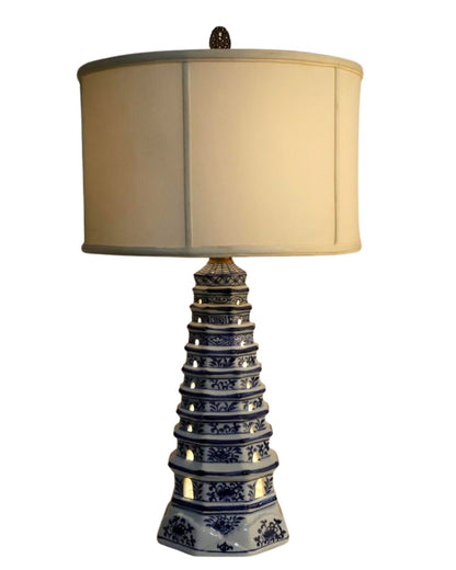 Danny’s Fine Porcelain: Blue & White Porcelain Pagoda Lamp | Dual-Light Illuminated Base | 30” Table Lamp