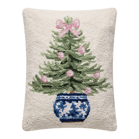 Pink, Blue & White Potted Tree Wool Hook Pillow | 14" x 18"