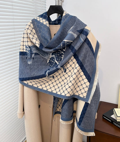 Luxe “H” Equestrian Blue & Cream Reversible Horse Scarf/ Wrap