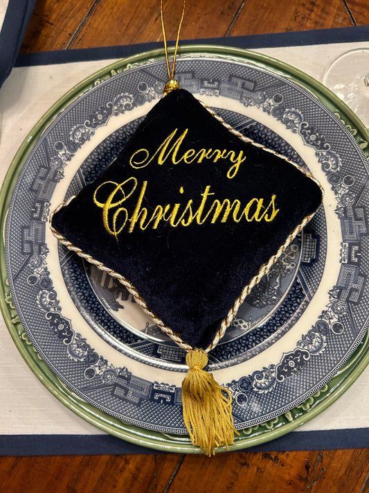 Bold  blue & gold Seasons greetings Christmas tassel door hanger, or ornament