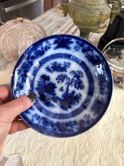 Early Victorian John Maddock Hindustan Flow Blue Tea Bowl & Saucer | 19th Century