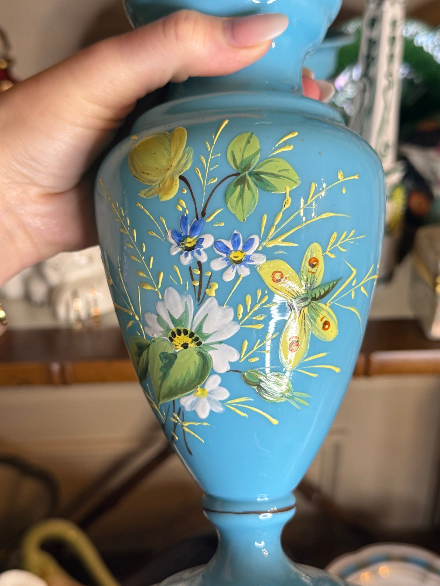 Antique Victorian Bristol Blue Opaline Glass Vases with Hand-Painted Florals & Butterflies | Pair | 10”