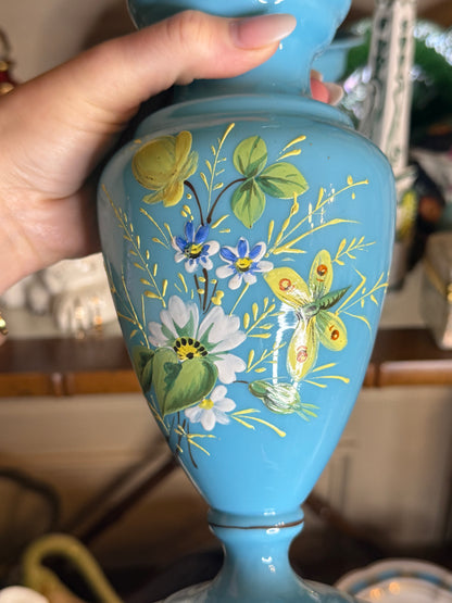 Antique Victorian Bristol Blue Opaline Glass Vases with Hand-Painted Florals & Butterflies | Pair | 10”