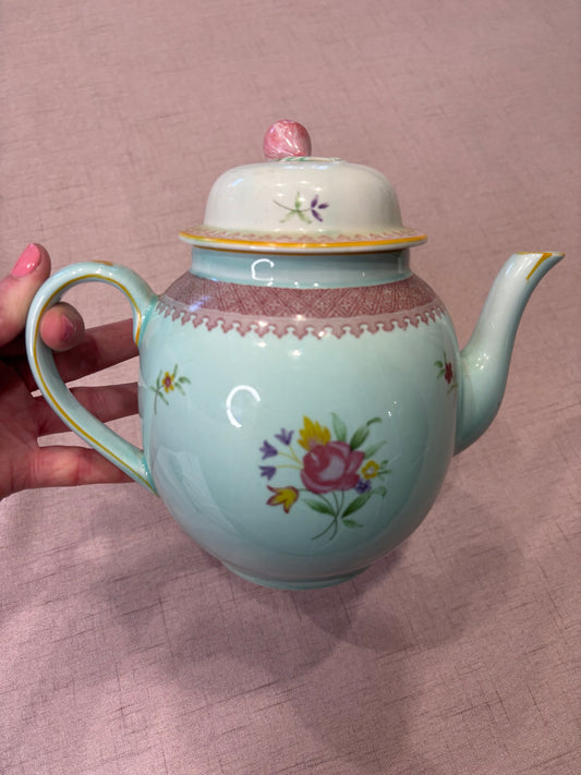 Antique Adams Calyx Ware teapot in the Lowestoft pattern featuring a mint green or duck egg blue color with floral patterns! As is!