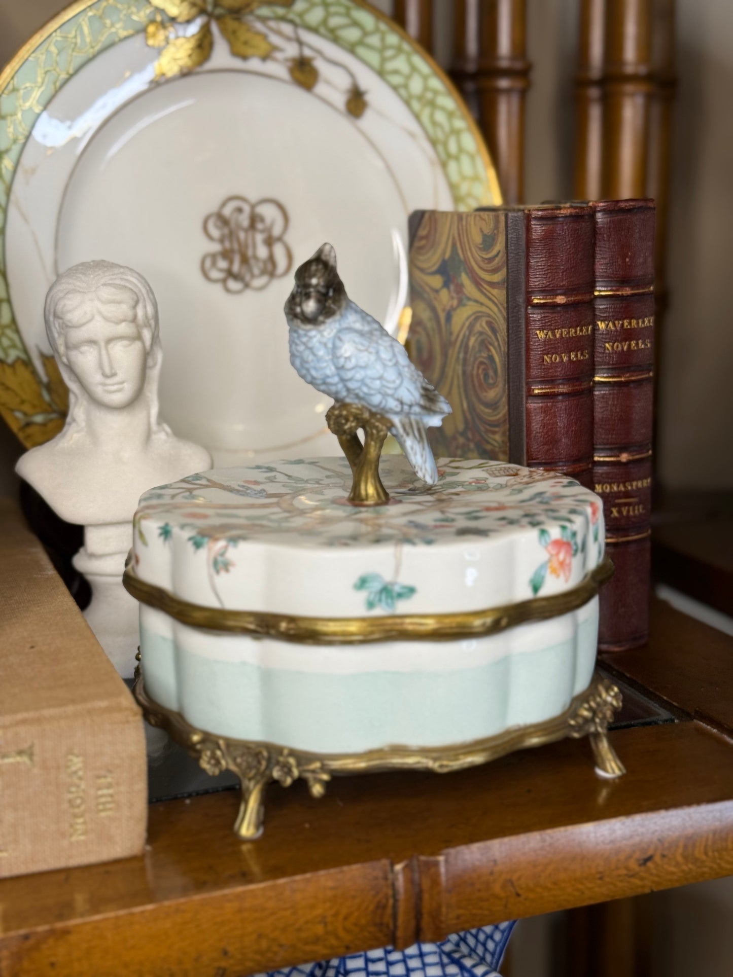 Danny’s Fine Porcelain | “Garden of Life” Porcelain Box with Bronze Ormolu & Bird Finial – 6”
